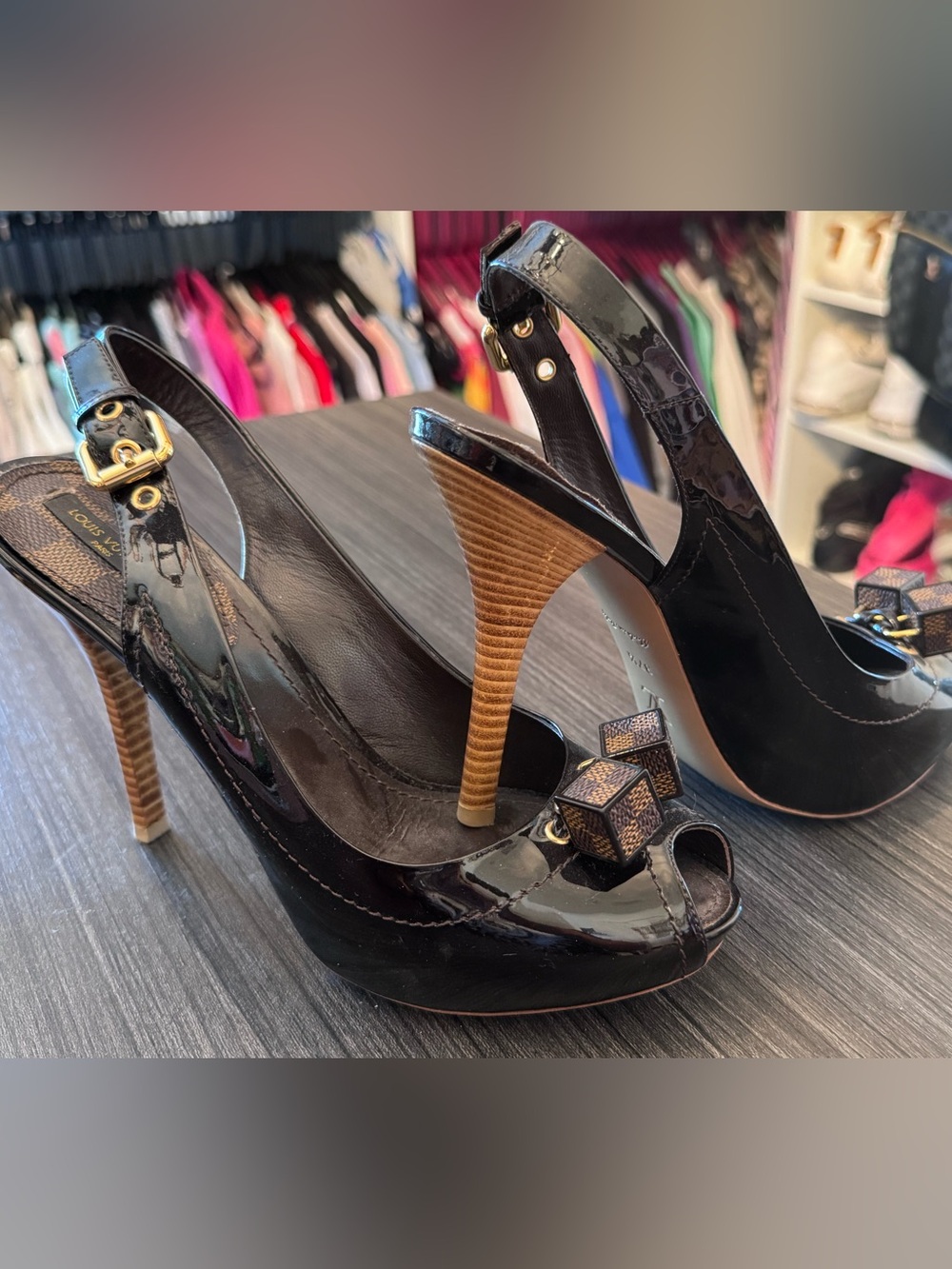 Louis Vuitton Black Patent Slingback Peep-Toe Heels with Monogram Bow